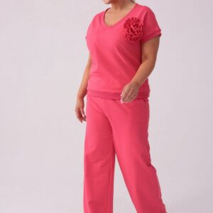 Koralowy komplet dresowy Róża - bluzka + długie spodnie PLUS SIZE XXL LATO