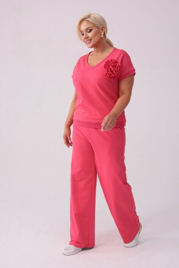 Koralowy komplet dresowy Róża - bluzka + długie spodnie PLUS SIZE XXL LATO