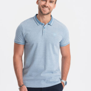 Melanżowa koszulka męska polo z kontrastowym kołnierzykiem - błękitna V3