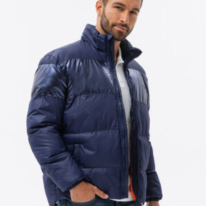 Kurtka męska zimowa z kontrastową podszewką - ciemnoniebieska V1