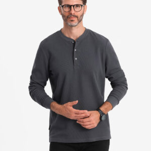 Męski longsleeve zapinany pod szyją z dzianiny waflowej – grafitowy V3