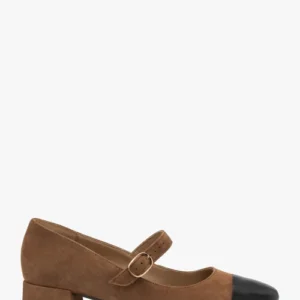 Brązowe czółenka z czarnym noskiem na słupku