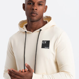 Bluza męska kangurka z kapturem i logotypem – kremowa V2