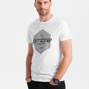 T-shirt męski bawełniany z nadrukiem geometrycznym i logotypem - biały V1
