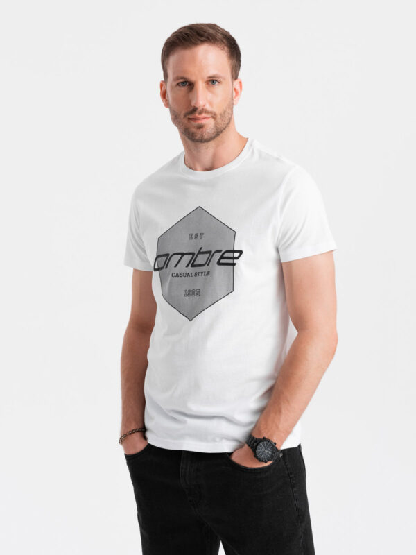 T-shirt męski bawełniany z nadrukiem geometrycznym i logotypem - biały V1