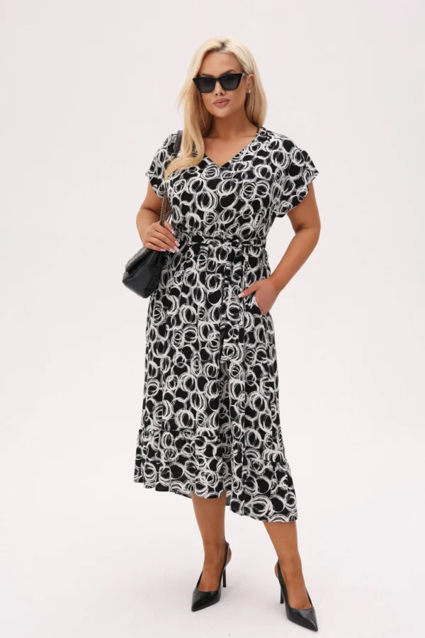 Asymetryczna sukienka Kiara MIDI z wiązaniem i falbanką - Black Ink PLUS SIZE XXL OVERSIZE