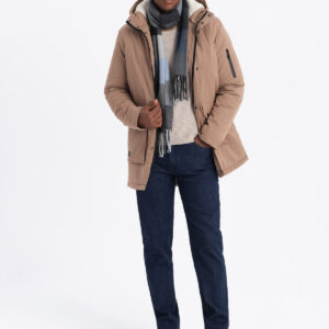 Męska długa kurtka parka z kożuszkiem – beżowa V1