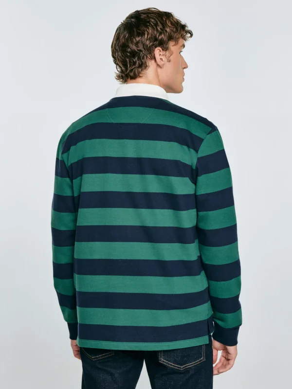 26faedd03914011386e79db17ca48f1578b7bbd4 Koszulka męska polo z długim rękawem w pasy granatowo-zielona Miker 403