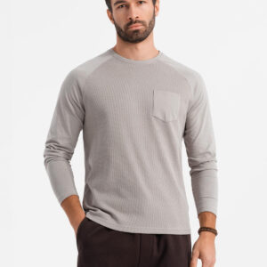 Bawełniany męski longsleeve o waflowym splocie z kieszonką – popielaty V1