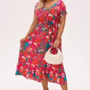 Asymetryczna sukienka Kiara MIDI z wiązaniem i falbanką - Sunset Tropic PLUS SIZE XXL OVERSIZE