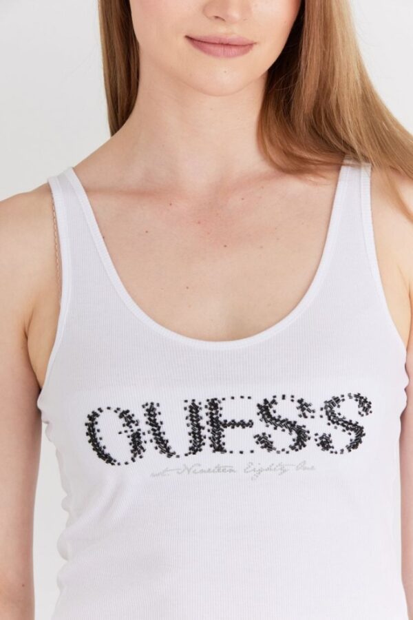 GUESS Biały top damski z logo z koralików