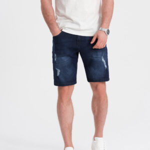 Krótkie spodenki męskie jeansowe z dziurami – ciemnoniebieskie V3