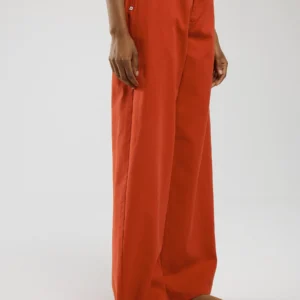 Spodnie damskie z szeroką nogawką z dodatkiem lnu ceglano-czerwone Malu 704