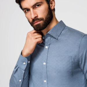 Męska koszula SLIM FIT z ozdobnej tkaniny z kieszonką – niebieska V1