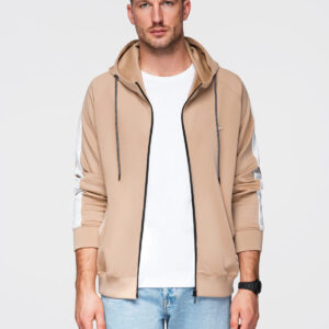 Rozpinana męska bluza z kapturem i lampasami - beżowa V4