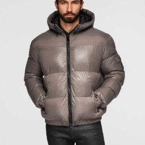 Ciepła męska kurtka puffer ze ściągaczami – ciemnobeżowa V3