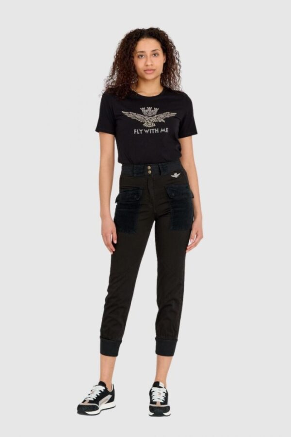 AERONAUTICA MILITARE Czarne spodnie damskie cargo ze ściągaczem w pasie, Rozmiar 38 IT - 34 EU