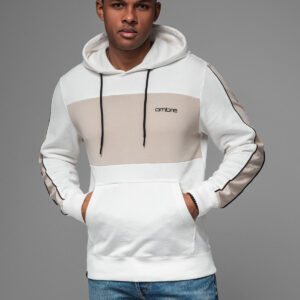Męska bawełniana bluza z kapturem z kontrastującymi elementami - biała V1