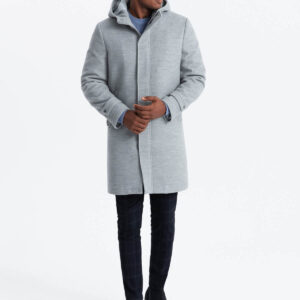 Monochromatyczny długi męski płaszcz z kapturem – szary melanż V1