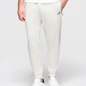 Dresowe spodnie męskie ze ściągaczami w nogawkach i gumowym nadrukiem – białe V2