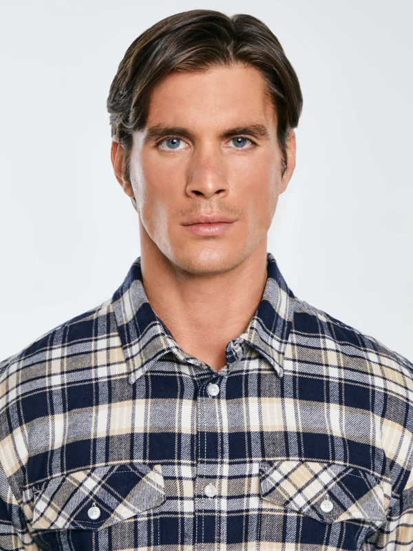 Koszula męska flanelowa w kratę beżowo-granatowa Kolisero 801