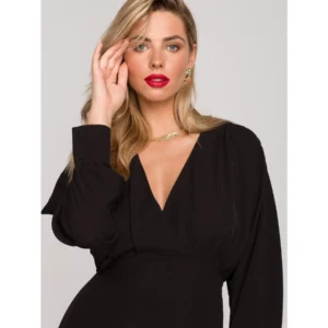 Długa wieczorowa sukienka rybka z bufiastymi rękawami czarna