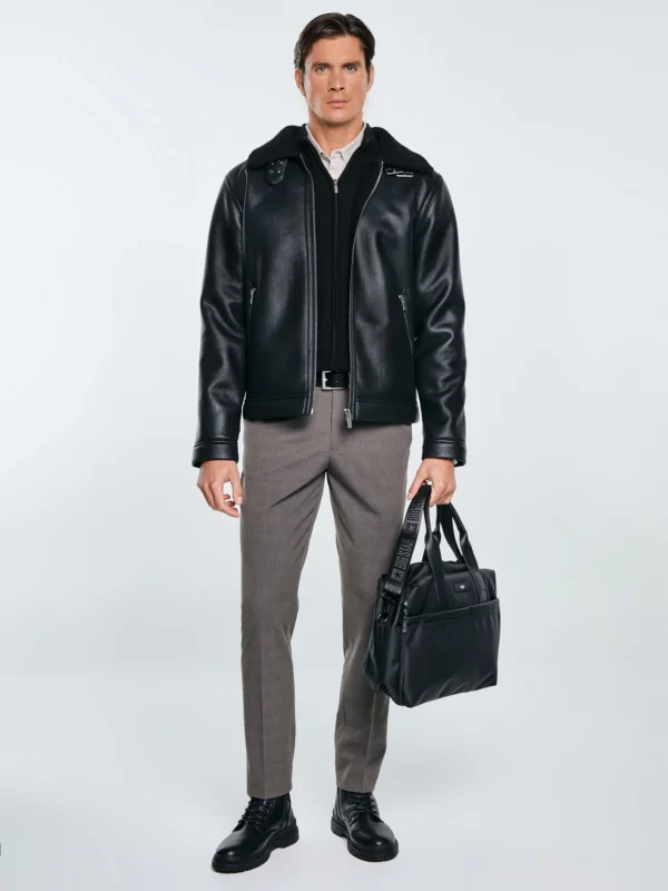 Kurtka męska pilotka z kołnierzem ze skóry ekologicznej czarna Nimo 906