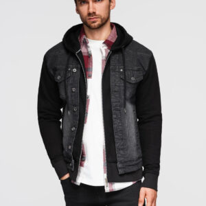 Kurtka męska jeansowa z dzianinowymi rękawami i kapturem – czarna V3