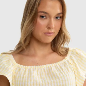 Bluzka dziewczęca ze strukturalnej tkaniny w kratkę żółta Kinga 200