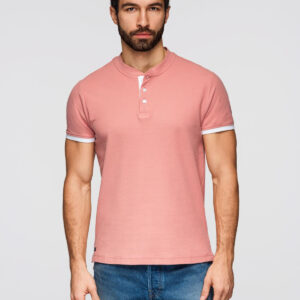 Męska koszulka polo bez kołnierzyka - różowa V7