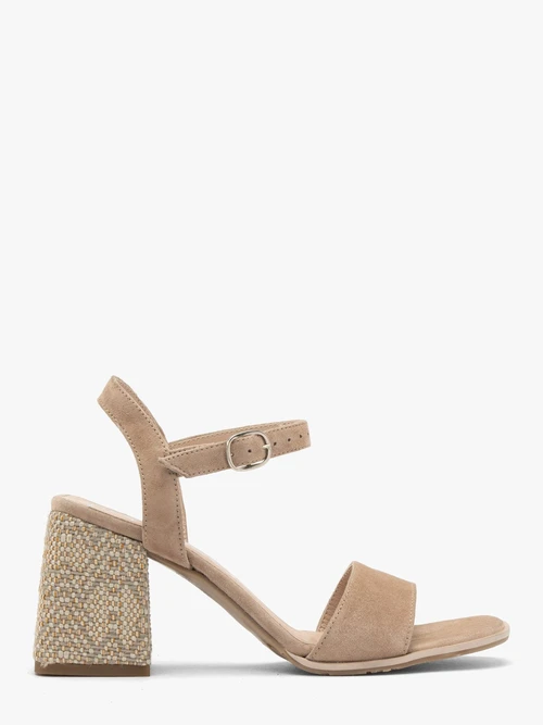 Beżowe sandały na dekoracyjnie obleczonym obcasie