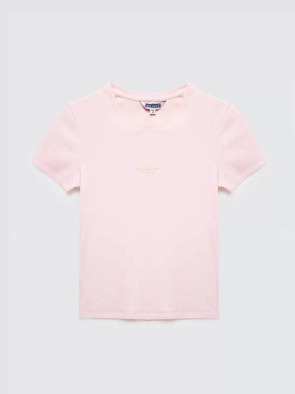 Koszulka damska w prążek z haftem różowa Clarsa 600