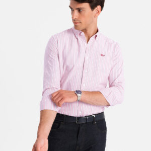 Bawełniana męska koszula REGULAR FIT w drobne paski – różowa V2