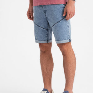 Podwinięte jeansowe krótkie spodenki męskie z przeszyciami – jasnoniebieskie V1