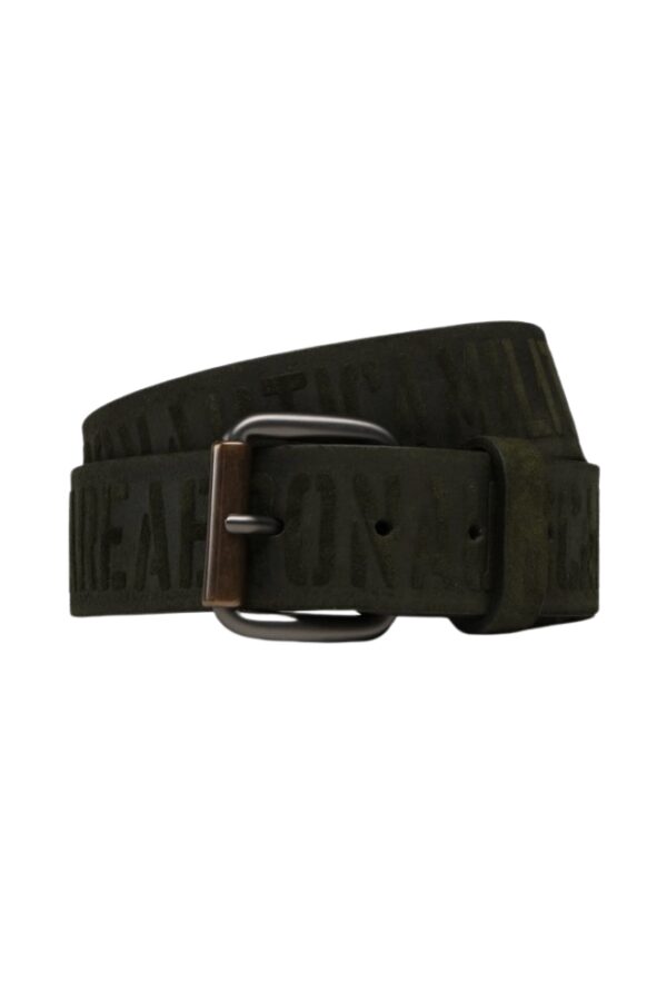 AERONAUTICA MILITARE Skórzany zielony pasek męski z wypukłymi napisami, Rozmiar 100