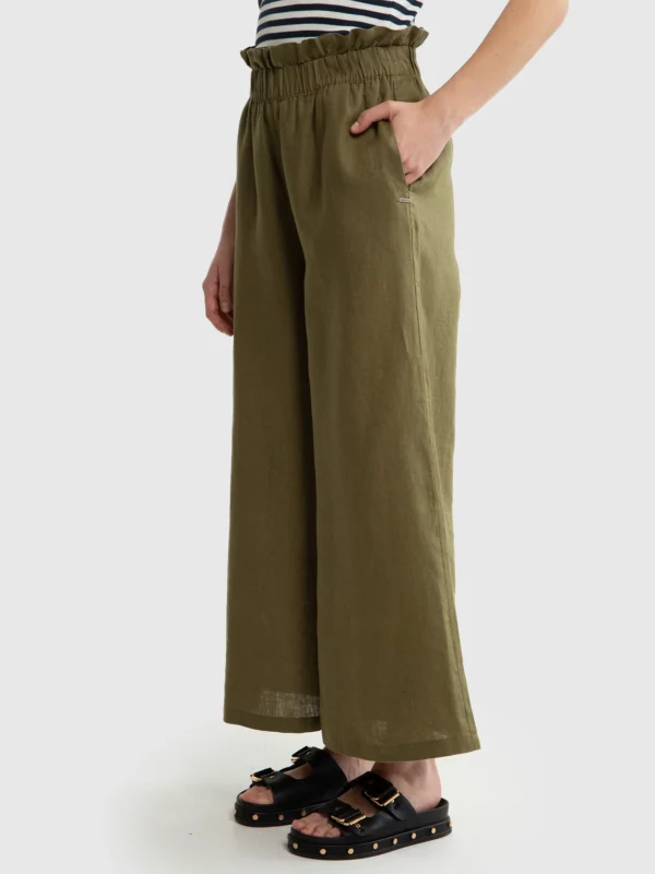 Spodnie damskie lniane z szeroką nogawką paperbag khaki Dorona 303