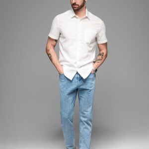 Męska koszula z lnu i bawełny z krótkim rękawem i kieszonką – złamana biel V1