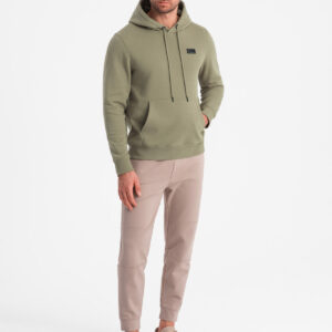 Bluza męska dresowa kangurka z kapturem i metalowym pinem – oliwkowa V2