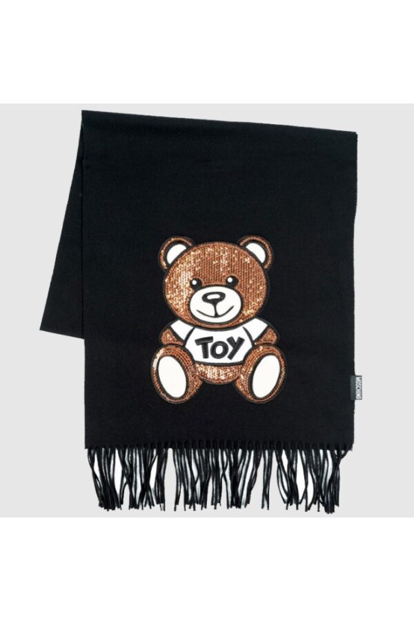 MOSCHINO Czarny szalik damski z misiem z cekinów
