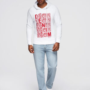 Nierozpinana męska bluza kangurka z kapturem i nadrukiem - biała V3