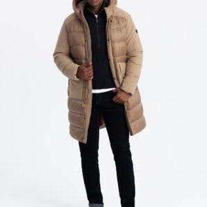 Długa pikowana kurtka męska z dużymi kieszeniami – beżowa V2