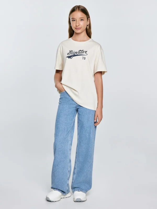 Koszulka dziewczęca oversize z nadrukiem kremowa Emillia 103