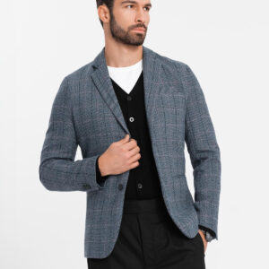 Żakardowa marynarka męska w delikatną kratę - grafitowa V1