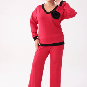 Bawełniany czerwony komplet dresowy Comfy - bluza z różą + długie spodnie PLUS SIZE XXL OVERSIZE JESIEŃ