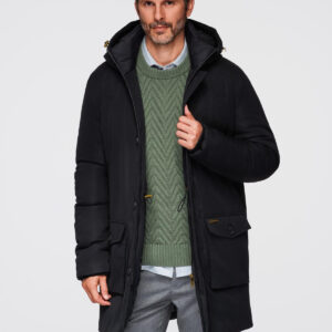 Elegancka parka męska z kieszeniami cargo i kapturem – czarna V1