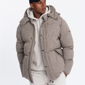 Mocno ocieplana męska kurtka typu puffer w pepitkę – brązowa V1