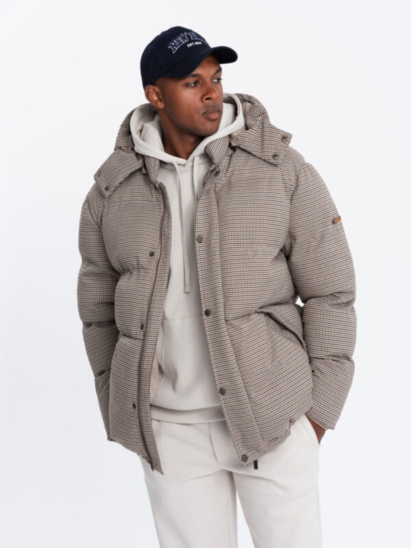 Mocno ocieplana męska kurtka typu puffer w pepitkę – brązowa V1