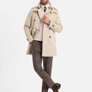 Elegancki męski płaszcz trencz SLIM FIT z paskiem – beżowy V1