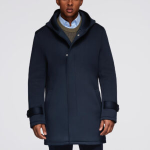 Minimalistyczny płaszcz męski średniej długości z kapturem - granatowy V5