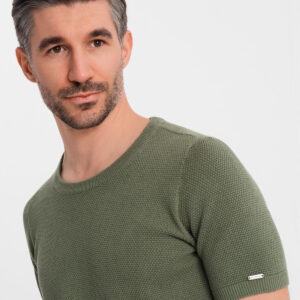 Dzianinowa koszulka męska z delikatną drobną strukturą - oliwkowa V5